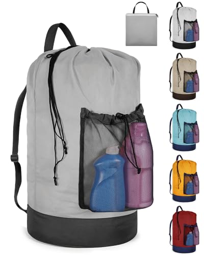 Laundry Bag with Shoulder Straps and Mesh Pocket Laundry Backpack Large Portable Laundry Hamper for College Laundromat Apartment - color: Light Gray & Dark Gray