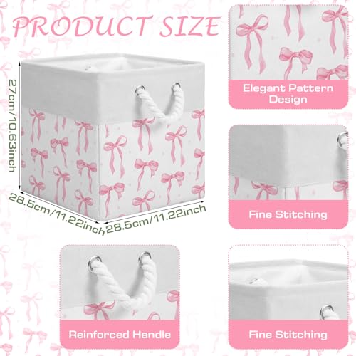 LemonRoad 6 Pcs Pink Bow Cube Storage Bins Square 11.22 Inch Storage Basket with Handle Preppy Girl Organizer Basket Collapsible Fabric Box for Classroom Bedroom Office Home Decoration Gift - color: Pink, size: 11.22 Inch, style: Bow