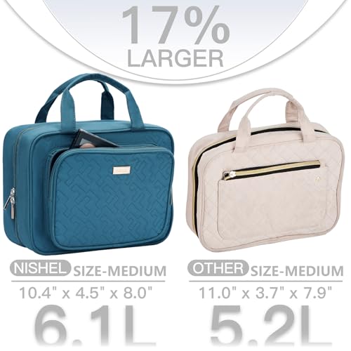 NISHEL Travel Toiletry Bag for Women, Makeup Essentials Organizer, Hanging Case for Accessories, Cosmetics, Medium Size, Lake-Blue - color: Lake-Blue, size: Medium