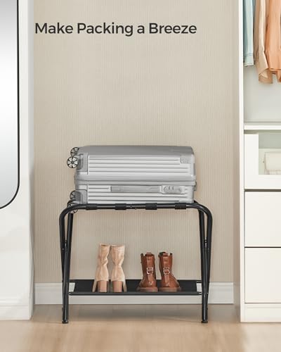 SONGMICS Luggage Racks, Set of 2, Suitcase Stand with Fabric Storage Shelf, for Guest Room, Bedroom, Hotel, Foldable Steel Frame, Holds up to 110 lb, 27.2 x 15 x 20.5 Inches, Black URLR002B02 - color: Black, style: with Shelf