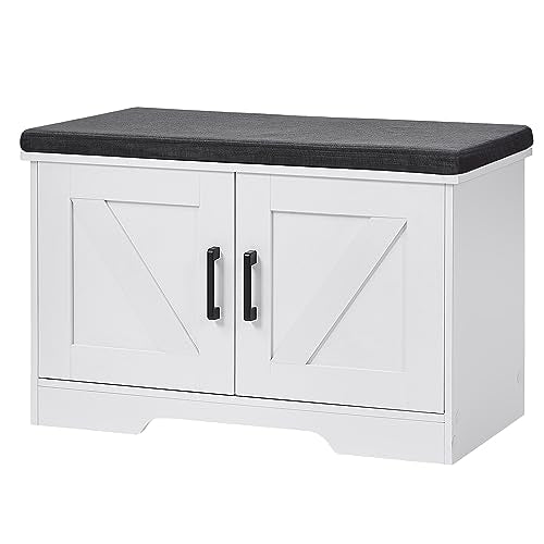 HOMSHO 2-Tier Storage Bench, 27.6" Wide Shoe Bench with Padded Seat Cushion, Entryway Bench with 2 Barn Doors and Adjustable Shelf, White - color: White, size: 27.6" Wide