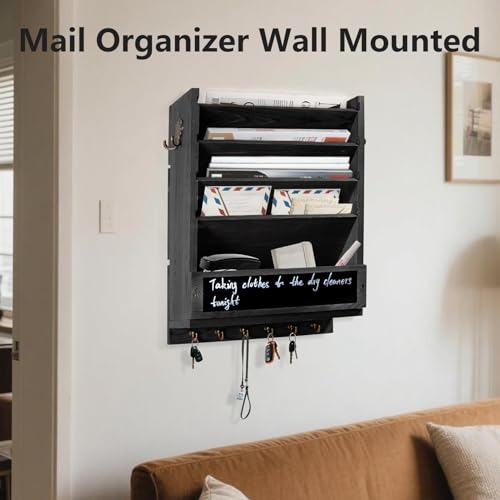 Rustic wall mail organizer,Key and Mail File Holder for Wall Mount，with 6 Key Hooks 2 Double Key Hooks A blackboard,for Home,Office, Classroom,Entryway Decor (black) - color: black