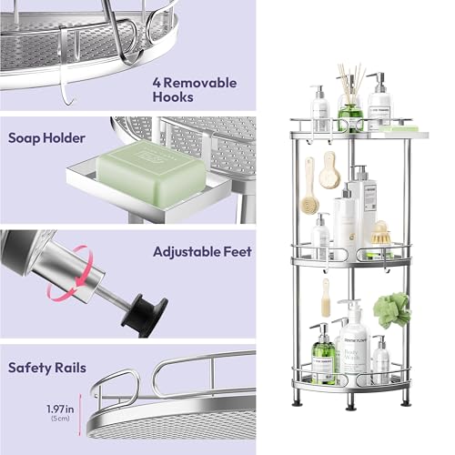 SWTYMIKI Corner Shower Caddy Standing - 3 Tier Rustproof Metal Shower Organizer Stand with Soap Holder and 4 Hooks, Freestanding Floor Shower Storage Stands for Bathroom, Silver - color: Silver-3 tier