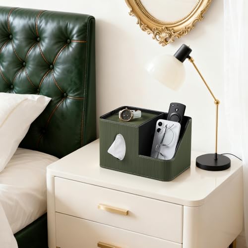 PU Leather Square Tissue Box Cover with Magnetic Closure, Tissue Holder with Storage Tray & Remote Control Organizer, for Nightstand, Living Room, Bathroom, Office Desk (Green Stripes) - color: Green Stripes