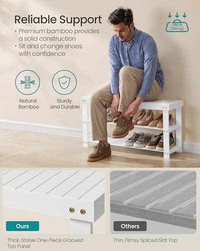 SONGMICS Shoe Rack Bench, 3-Tier Bamboo Shoe Storage Organizer, Entryway Bench, Holds Up to 286 lb, 11.3 x 35.4 x 17.8 Inches, for Entryway Bathroom Bedroom, Cloud White ULBS090W01 - color: Cloud White, size: 35.4"W