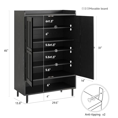 ComfyCorner Black 7+1 Tier Farmhouse Shoe Storage Cabinet - 45" Tall Entryway Organizer with Cross Molding Doors, 3 Adjustable Shelves & Metal Legs, Shoe Rack for Front Door Entrance - color: Black