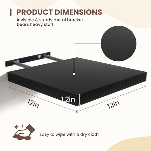 Fun Memories Floating Shelves for Wall - 12 Inch Square Shelves with Invisible Brackets, Black Small Wall Shelf for Living Room, Bathroom, Bedroom, and Kitchen Decor Set of 4 - color: Black, size: 12"W x12"D - 4P