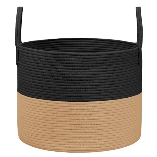 JMvicyroam 115L Extra Large Blanket Basket for Living Room - Woven Cotton Rope Laundry Hamper with Reinforced Handles - Storage Bin for Pillows, Comforters & Toys - Machine Washable,Black&Jute - color: Black&Jute, size: 115L