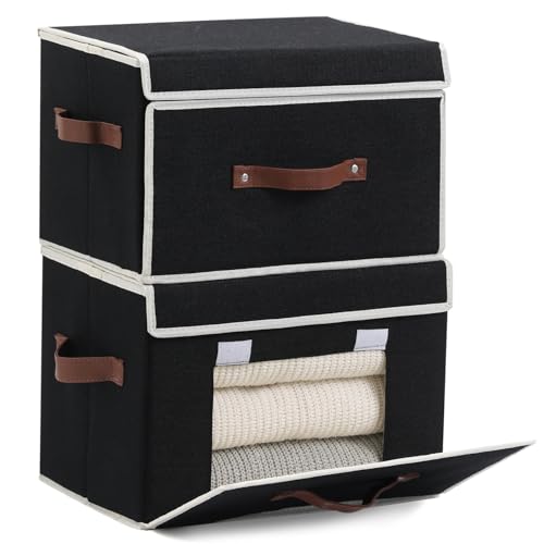 2PCS Storage Bins Box with Lids Front Opening Window Decorative Cotton Linen Fabric Basket PU Leather Handles PP Board Foldable Washable Shelf Closet Organizer Container (Black, Large) - color: Black, size: Large ( Pack of 2 )