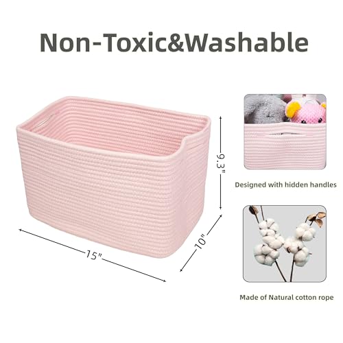 Cotton Rope storage Basket Bins Woven Basket for Organizing Shelves 15X10X9.3" Rectangle Decorative Baskets For storage Clothes Toys Books Towels Nursery basket organizer 3 pack light pink - color: light pink