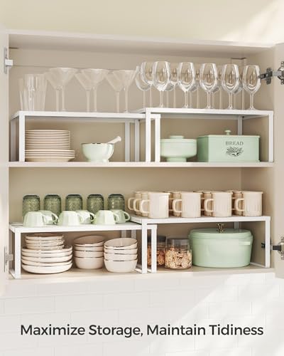 SONGMICS Spice Racks, Set of 2 Metal Cabinet Shelf Organizers, Countertop Organizers, Shelf Risers, Stackable, Expandable, White UKCS401W01 - color: White, size: 9"D x 15.7"W x 6.1"H + 8.6"D x 15.7"W x 5.4"H