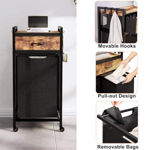Timberer Laundry Hamper, Laundry Sorter, Rolling Laundry Basket with Drawer, 18 Gal (68 L), Pull-Out and Removable Oxford Fabric Bags, Black and Rustic Brown - color: Black + Rustic Brown, size: 1 Bags (16.9"L x 11.8"W x 39.6"H)