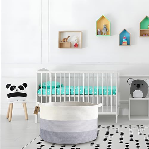 COMFY-HOMI XXXL Large Laundry Basket, Cotton Rope Nursery Woven Basket for Storage, Blanket Baskets Living Room Laundry Hamper, Dog Toy Storage Organizer, Home Decor-21''x21''x13.6''-White and Grey - color: white/grey