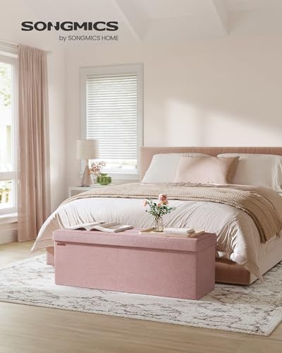 SONGMICS MAZIE Collection - 43 Inches Folding Storage Ottoman Bench, Ottoman Foot Rest, End of Bed Bench, Storage Chest, Load 660 lb, for Living Room, Bedroom, Entryway, Jelly Pink ULSF077R11 - color: Jelly Pink, size: 15"D x 43"W x 15"H