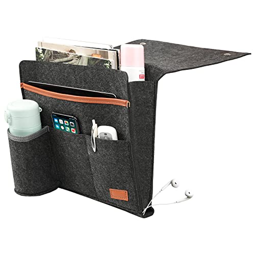 Surblue Bedside Caddy Felt Bedside Storage Organizer with Water Bottle Holder for TV Remote Control Phone Glasses Magazine 7 Pockets(Dark Grey) - color: Darkgrey