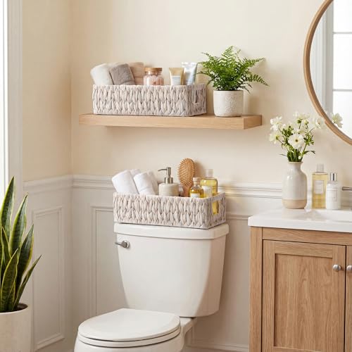 StorageWorks Wicker Toilet Paper Basket for Back of Toilet Baskets, Water Hyacinth Bathroom Basket Organizer and Storage for Tank Topper, Small Tank Trays for Decor with Built-in Handles, White - color: White (Water Hyacinth)