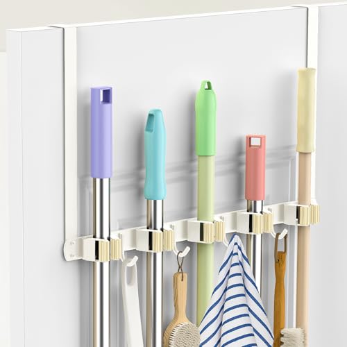 Broom Holder Over The Door Drilling Free Mop and Broom Holder with 4 Over Door Hook, Metal Mop and broom hanger Wall Mount Broom Storage Tool Organizer for Laundry Room Garage Bathroom - light beige - color: light beige