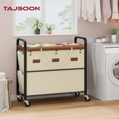 Tajsoon 148L Large Laundry Sorter 3 Section, Laundry Hamper with Heavy Duty Lockable Wheels, Rolling Laundry Cart with Sturdy Metal Frame, Leather Patchwork Laundry Basket with Removable Bag, Beige - color: Beige, size: 3 Bag 148L