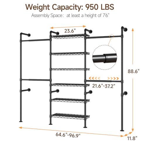ONBRILL H3 Wall Mounted Closet System, Expandable Industrial Pipe Clothes Rack Clothing Rack for Hanging Clothes, Heavy Duty Closet Organizers and Storage in Wardrobe Closet, Black - color: Black
