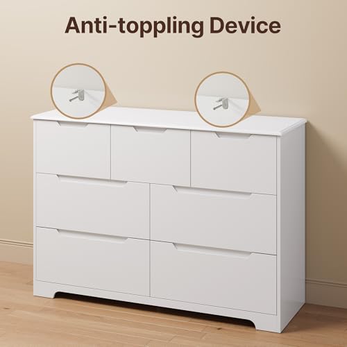 Gizoon 7 Drawer Dresser, 48" Wide White Dresser for Bedroom, Chest of Drawers with Handle Free Design, Modern Storage Organizer for Living Room, Kids Room, Entryway, Hallway, White - color: White, size: 15.7"D x 47.2"W x 32.7"H (7 Drawers)