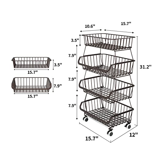 Miyawell Fruit Vegetable Storage Basket for Kitchen - 4 Tier Stackable Metal Wire Baskets Cart with Rolling Wheels Utility Fruits Rack Produce Snack Organizer Bins for Pantry Bathroom Laundry Bronze - color: 4 Tier-bronze