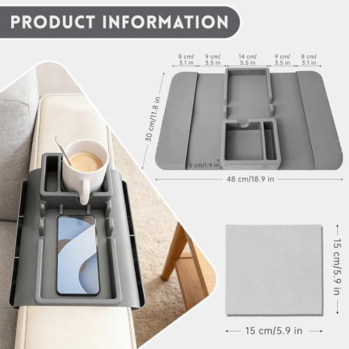 2Pcs Couch Cup Holder Tray, Couch Arm Cup Holder, Large Anti-Slip Couch Cups Holder with Side Pocket, Silicone Sofa Armrest Organizer for Snacks/Remote/Phone/Fruit, Gift for Holiday - color: Grey