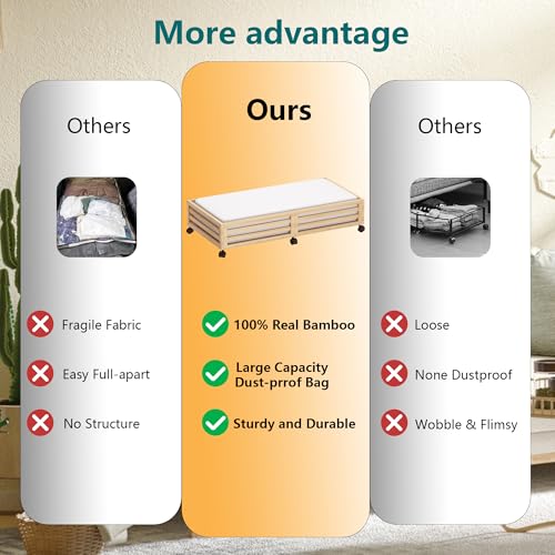 Wisuce Bamboo Under Bed Storage Containers- Underbed Organizer with Wheels with Dust Bag,Sturdy Wood Rolling Under the Bed Shoe Storage Organizer Drawers (Nature, 2 Pack (33.07"×16.54")) - color: Nature, size: 2 Pack (33.07"×16.54")