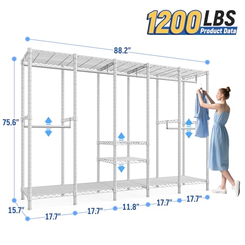 Raybee 88.2" W Clothes Rack Heavy Duty Clothing Racks for Hanging Clothes Extra Wide Portable Closet Loads 1200LBS Freestanding Garment Rack for Bedroom 88.2" W x 75.6" H x 15.7" D, White - color: White, style: NO COVER
