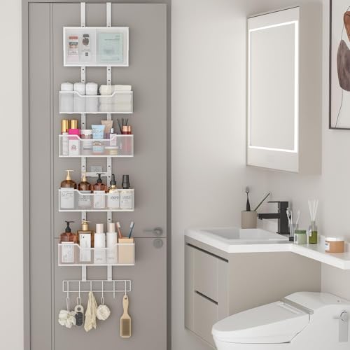 Hongtamoya Adjustable Over The Door Organizer, Hanging Door Storage with PVC Pocket and 4 Metal Baskets Wall Mount, Closet Door Organizer Behind Door Rack for Bathroom Bedroom Closet, White - color: White