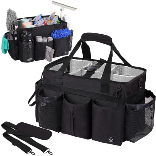 Large Wearable Cleaning Caddy Bag with Detachable Divider, Cleaning Organizer with Handles, Cleaning Supply Tote with Adjustable Shoulder Strap&Waist Belt for Cleaners & Housekeeper (Black) - color: Black