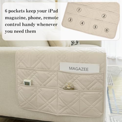 Couch Armrest Organizer Remote Control Holder Bedside Caddy with 6 Pockets, Non-Slip Armchair Caddy Sofa Armrest Organizer for Tv Remote Control, Magazine, Cell Phone, Beige