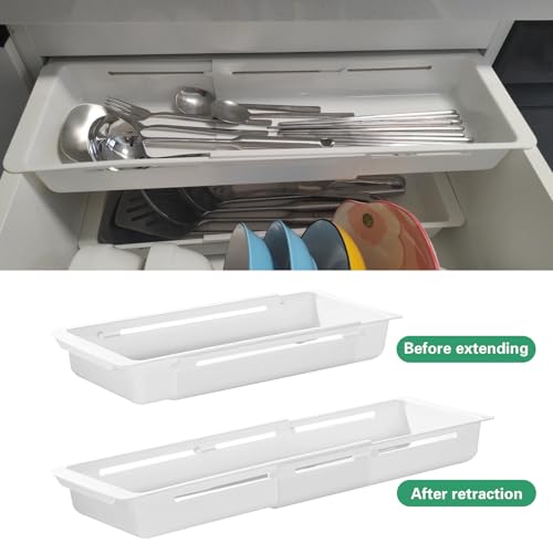 SnowTing 2 PCS Deep Drawer Organizer, 2 Sizes Expandable & Adjustable White Plastic Organizer, Sliding Drawer Storage Bins for Kitchen Utensils, Office Supplies, Cosmetics, Tools