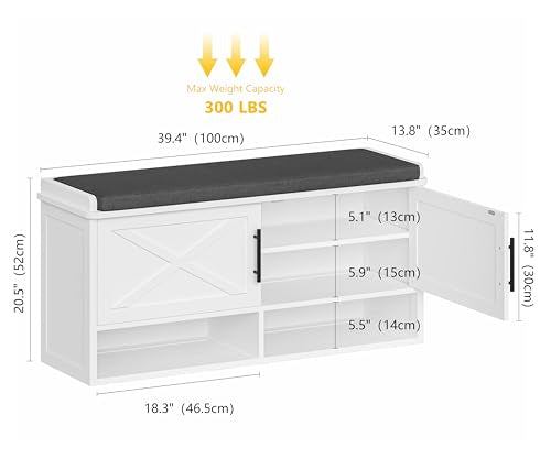 Farmhouse Shoe Storage Bench with Cushion, Entryway Bench with Adjustable Shelves and Open Bottom Shelf, Hidden Shoe Cabinet Storage for Entryway, Hallway, Living Room, Bedroom, White