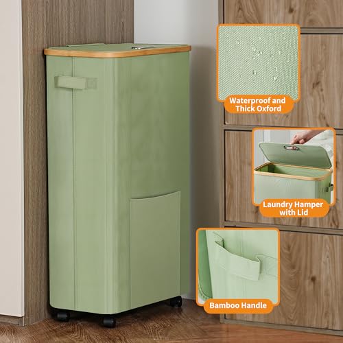 Vincona Laundry Basket with Wheels, Dirty Clothes Hamper on Wheels, Rolling Tall Laundry Hamper with lid for Laundry Room, Dorm and Bathroom, 75L Sage Green - color: Sage Green, size: 75L