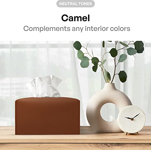 Carrotez Tissue Box Cover, [Refined] Modern PU Leather Rectangular Tissue Box Holder - Decorative Holder/Organizer for Bathroom Vanity Countertop, Night Stands, Office Desk 9.5"X5"X5" - Camel - color: Camel, size: [Rectangular]