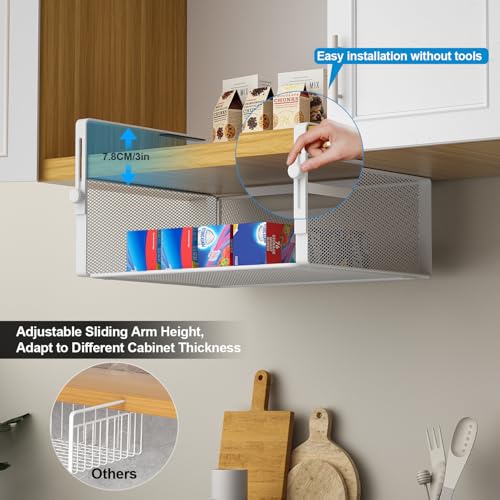 AmonHouseware 2Pack Under Shelf Basket Organizer,Adjustable Hanging Holder for Cabinet Pantry Kitchen Cupboard Desk Counter Bookshelf Organization Add-on Space Saver Heavy Duty Slide-in (White, Large) - color: White