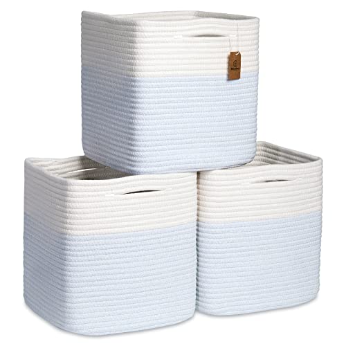 NaturalCozy Storage Cubes 11 Inch Cotton Rope Woven Baskets for Organizing, 3-Pack | Cube Storage Bin | Square Storage Baskets for Shelves Organizer, Classroom, Kids Toy Bins, Closet, Baby Nursery - color: Off White & Mixed Blue