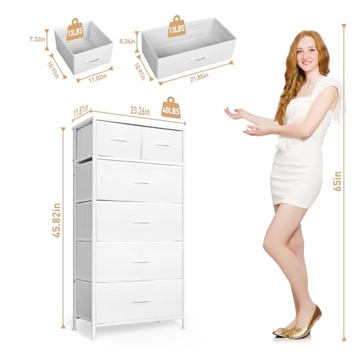 Mifuro Tall Dresser for Bedroom, Vertical Storage Organizer Tower with 6 Drawers, Chest of Drawers with Fabric Bins, Steel Frame, Wood Top for Bedroom, Closet, Entryway- White - color: White, size: 6 Drawers