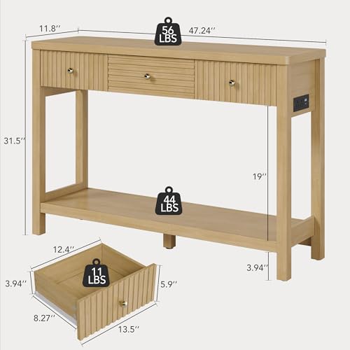 47 Inch Fluted Console Table with Outlets and USB-C Port, Mid Century Modern Sofa Table with 3 Drawers and Open Shelf, Entryway Table with Charging Station for Behind Couch, Hallway, Foyer, Oak - color: Natural Oak