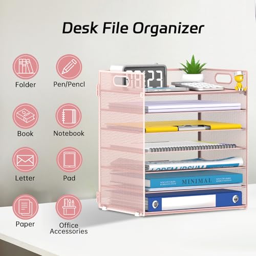 7 Tier Paper Organizer - Mesh Desktop File Holder with Handles for Office School Desk, Black (Pink) - color: Pink