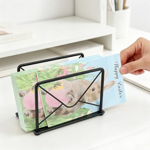 Modern Mail Holder for Home Office, Metal Letter Organizer Sorter for Desk, Cutout Mail Envelope Design, Bill Filling Paper Document Rack, Envelope Storage Rack with Metal Base - color: Metal Black