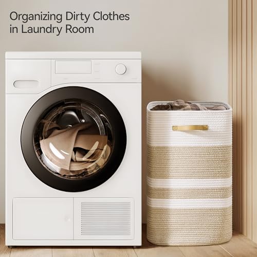 Nunsino 87L Laundry Hamper,Laundry Basket with Leather Handles,Woven Storage Basket for Toys,Pillows,Blankets,Clothes,Brown&White - color: Brown&White, size: 87 L