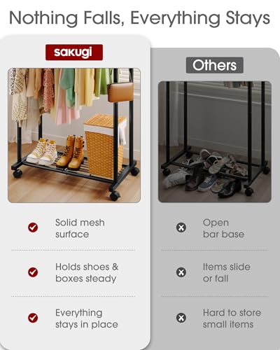 Sakugi Clothes Rack - Double Rods Clothing Rack with Mesh Shelf, Hooks & Wheels, Metal Clothing Racks for Hanging Clothes & Bags, Multifunctional Garment Rack for Laundry, Black, 28.7" x 16.5" x 59.1" - color: Black, size: Large 28.7"W x 16.5"D x 59.1"H