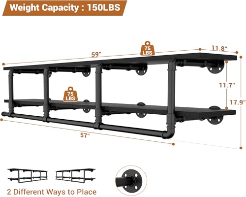 Aheaplus Industrial Pipe Clothes Rack with Top Shelf, 59In Space-Saving Wall Mounted Clothing Rack, 2 Tiers Heavy Duty Pipe Clothing Shelves with Hanging Rod for Laundry Room, Closet Storage, Black - color: Black, size: 59IN