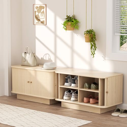 AKMAKM 63" W Small Shoe Storage Bench, Shoe Bench Entryway with Sliding Doors and Adjustable Shelvs, Wooden Low Cabinet for Hallway, Living Room, Bedroom, Apartment, Dorm, Mudroom, Garage, Oak, 2PCS - color: Oak, size: 31 W * 2