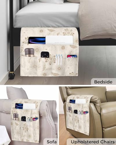 Sofa Armrest Organizer Bedside Caddy, Vintage Brown Floral Non Slip Couch Remote Control Holder for Recliner, Rustic Abstract Flower Burlap Arm Chair Caddy with Pocket for Magazine Phone, 19.7"x35" - color: Khaki, size: 19.7x35 in
