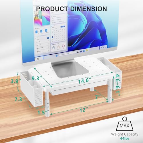 WALI Computer Monitor Stand with Storage, Desk Organizer with Drawer and Pen Holder, Desk Monitor Riser 3 Height Adjustable, Laptop Riser for Computer, Laptop, Printer(PTT003-W), 1 Pack, White - color: White, size: with Drawer and Pen Holder