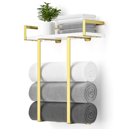 Towel Racks for Bathroom Wall Mounted, Metal Towel Holder with Wooden Shelf for Folding Large Towels, Towel Storage for Small Bathroom Organizer Decor or RV Camping,Golden - color: Golden, size: Small