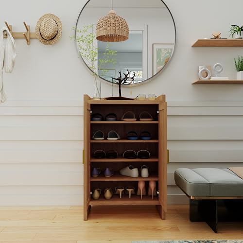 Panana 5 Layer Farmhouse Style Shoe Cabinet, Wooden Freestanding Shoe Rack with 2 Doors and Adjustable Shelves, Shoe Storage Organizer for Entryway Hallway Closet (Rattan Brown, 6 Tier) - color: Rattan Brown, size: 6 Tier