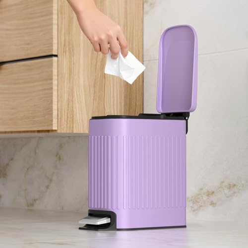 TrashAid Slim Bathroom Trash Can with Lid Soft Close, 6 Liter/1.6 Gallon Stainless Steel Small Garbage Can with Removable Inner Bucket, Step Pedal, Slim Wastebasket for Toilet, Office, Bedroom, Purple - color: Purple